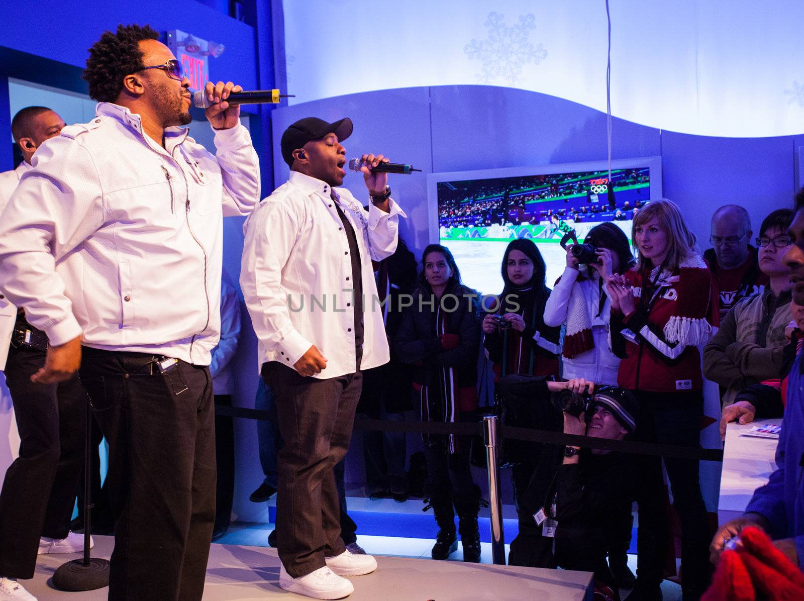 VANCOUVER, BC - FEBRUARY 2010 - Naturally 7 performs at the Bell Ice Cube during Vancouver's 2010 Olympic Games