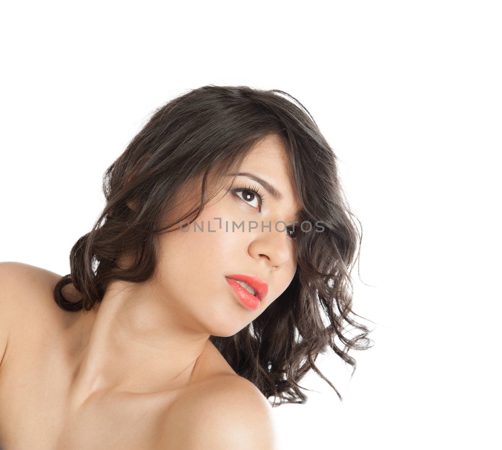 Sexy woman with bare shoulders on a white background