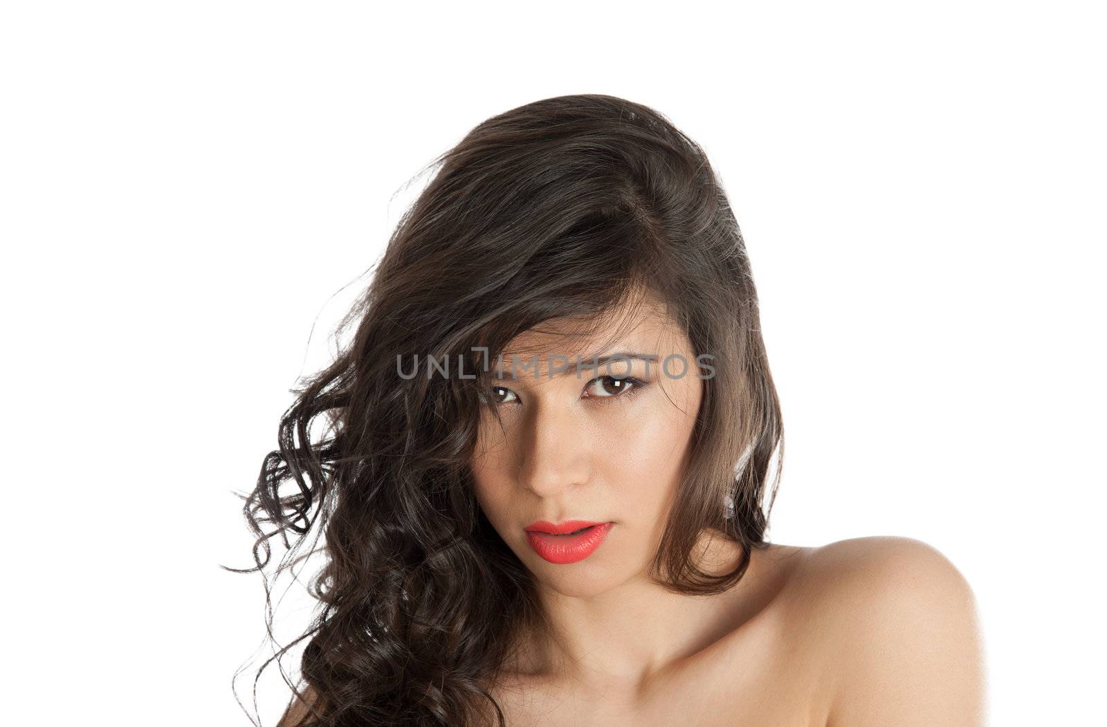 Sexy woman with bare shoulders on a white background