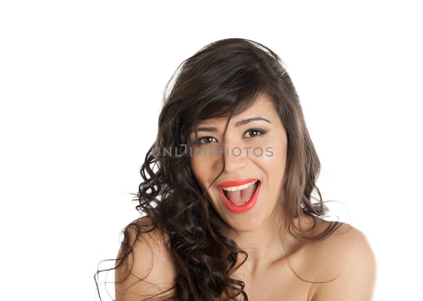 Sexy woman with bare shoulders on a white background
