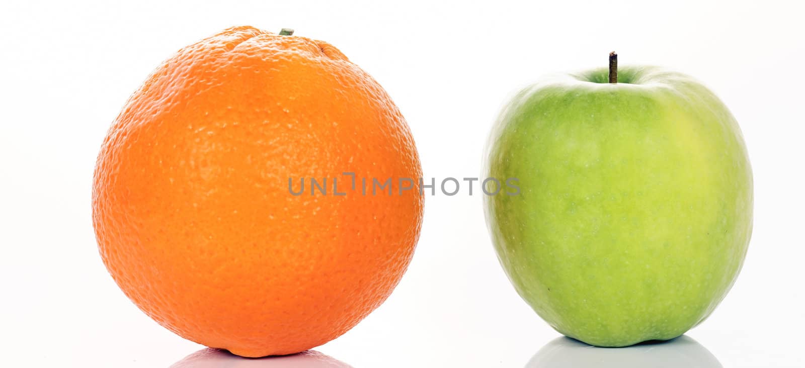 Apple and Orange isolated on white, panoramic picture