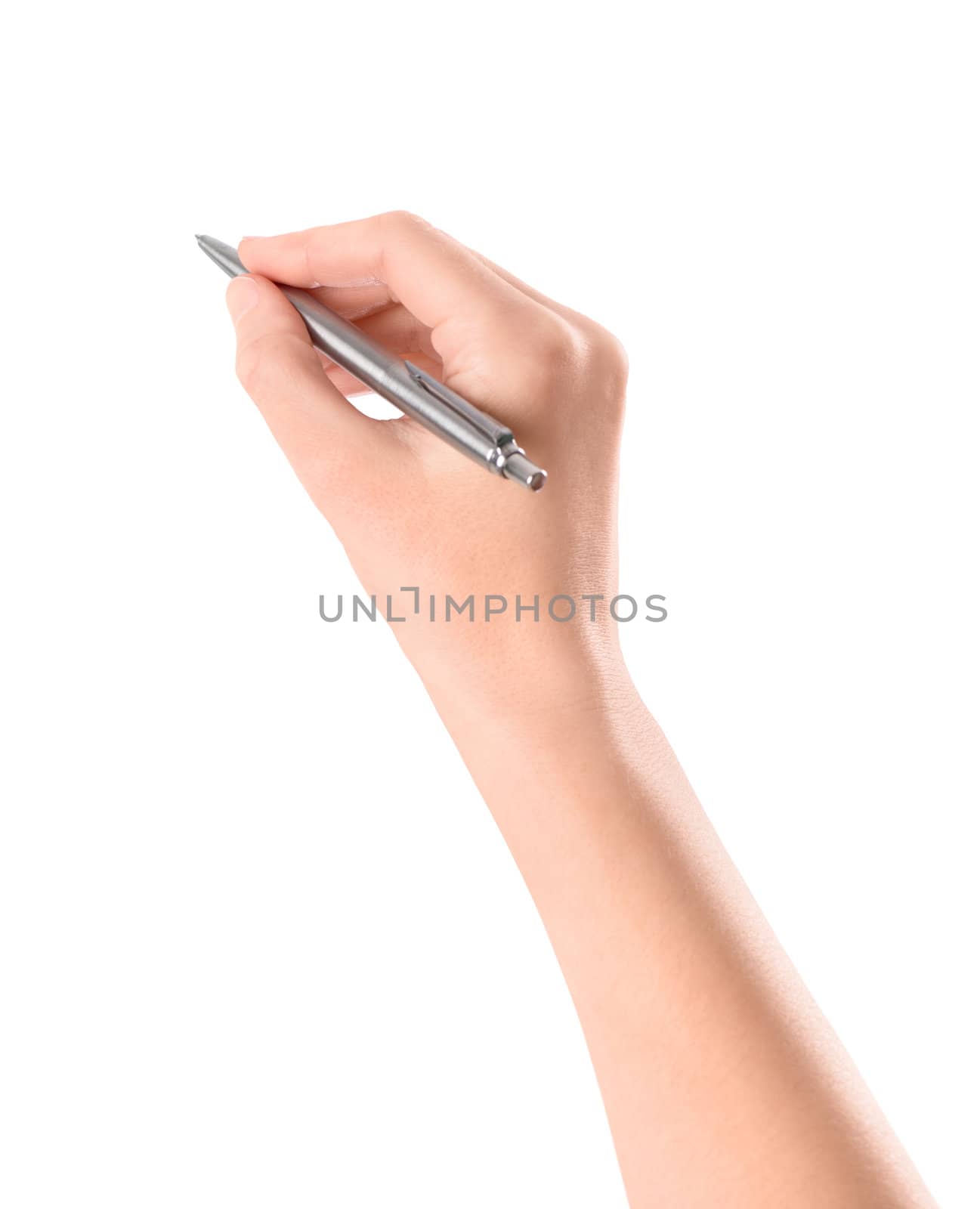 Close up of women arm writing with metallic pen. Isolated on white background.