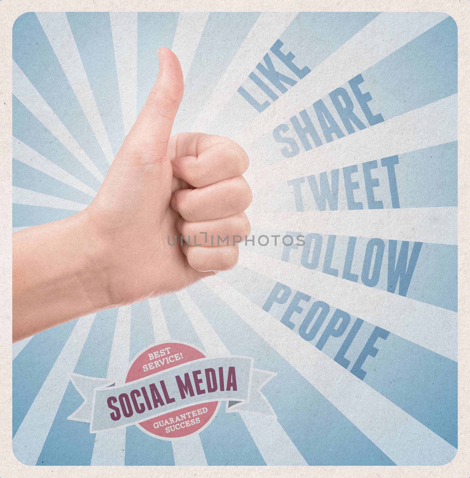 Retro style poster with hand showing thumb up gesture surrounded with keywords on social media theme
