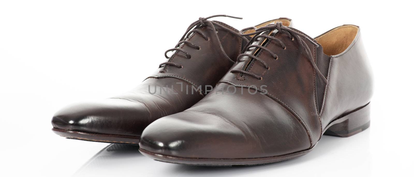 Brown shoes isolated on the white background, panoramic view
