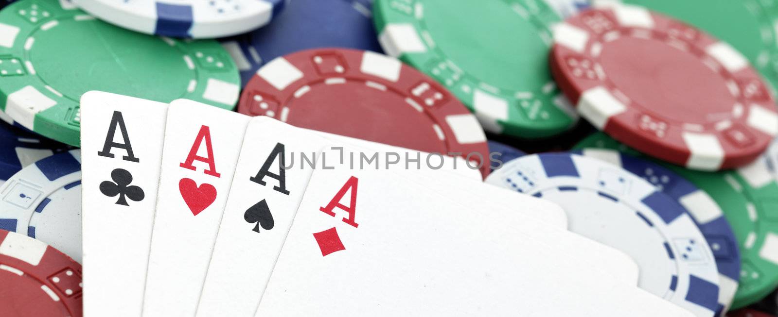 chips and four aces of a kind, panoramic image