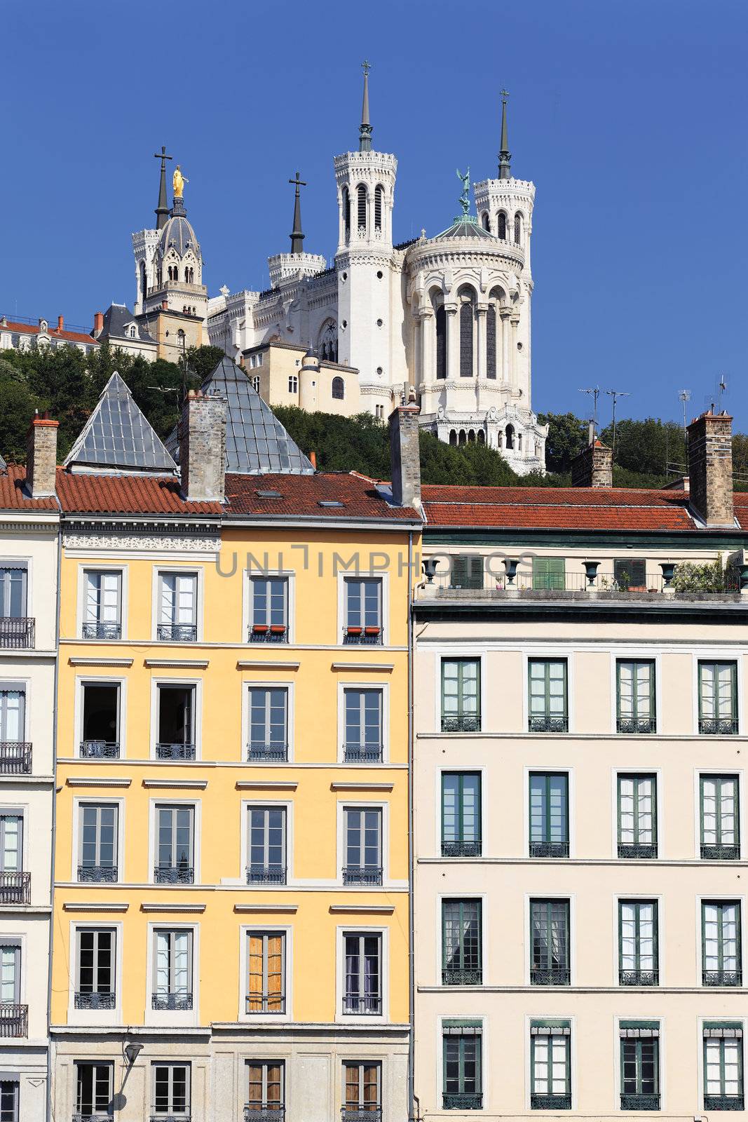famous Fourviere basilica and building in Lyon city 