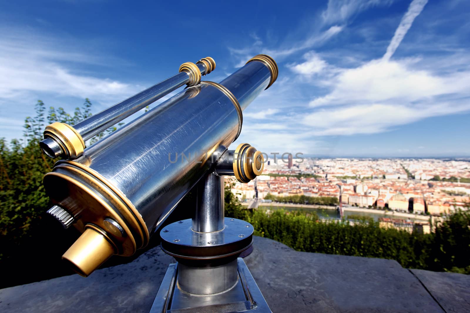The aerial view at Lyon from Fourviere Basilica hill. France 