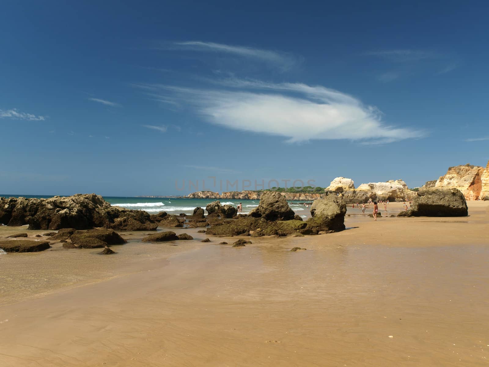 A section of the idyllic Praia de Rocha beach on the Algarve region. 