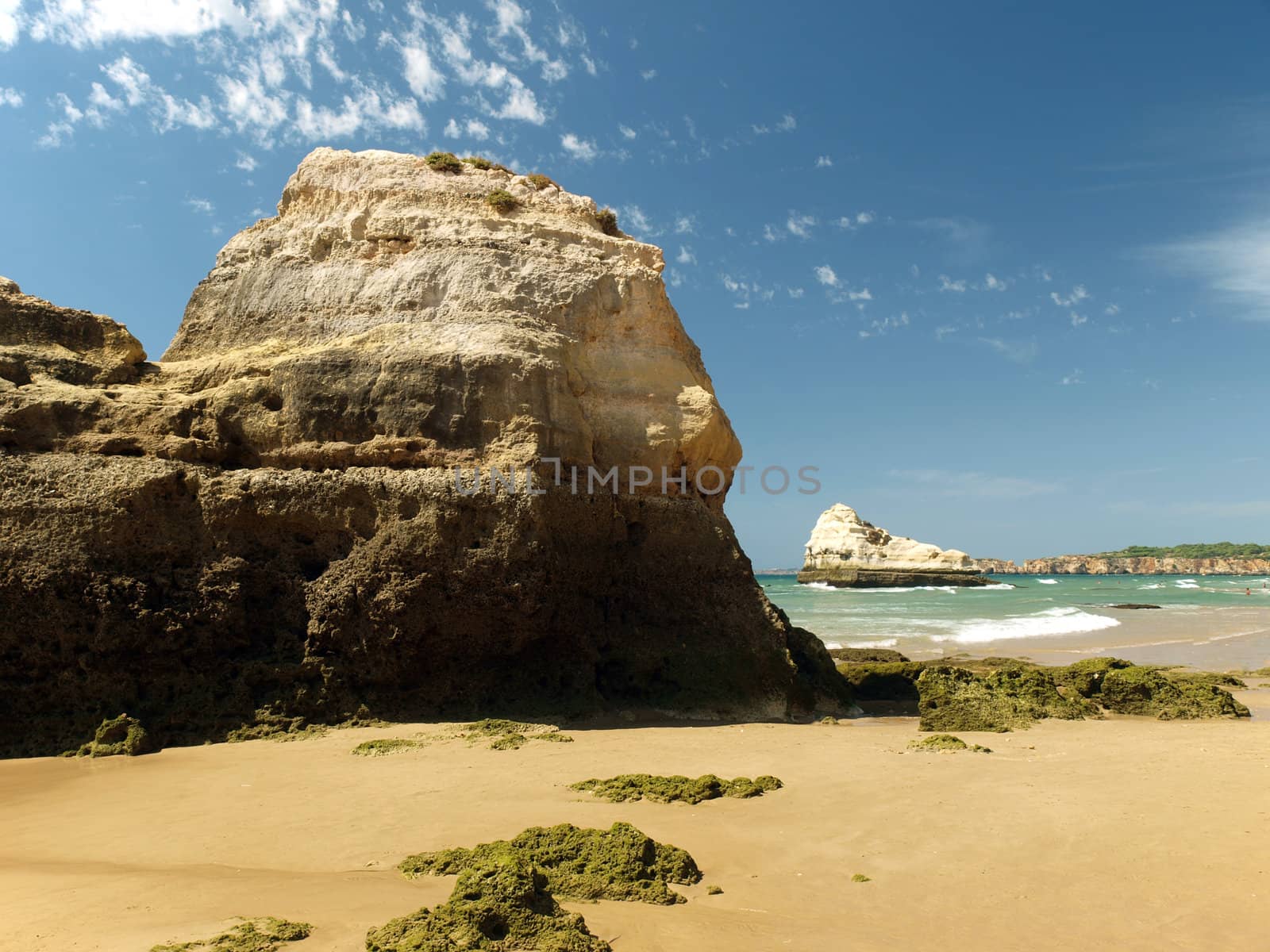 A section of the idyllic Praia de Rocha beach on the Algarve region. 