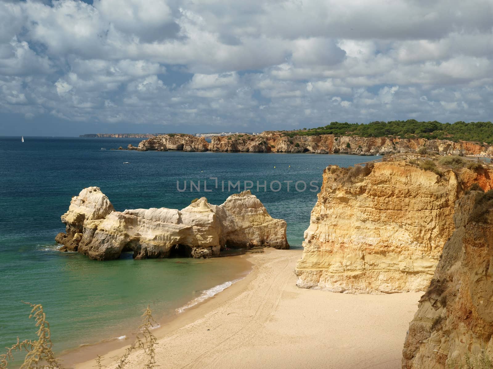 A section of the idyllic Praia de Rocha beach on the Algarve region. 