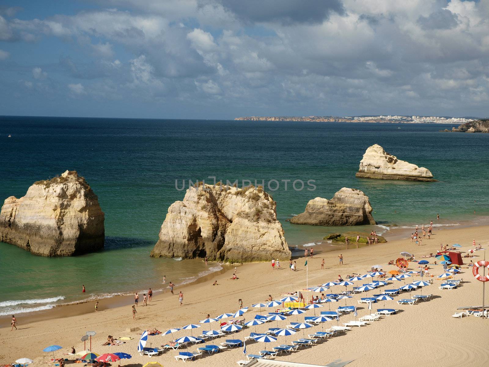 A section of the idyllic Praia de Rocha beach on the Algarve region. 
