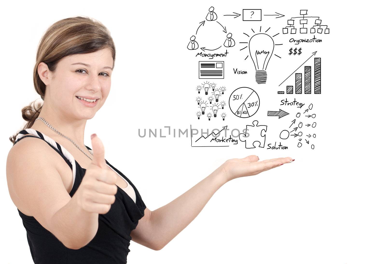 business woman present business idea concept on whiteboard and thumbs up