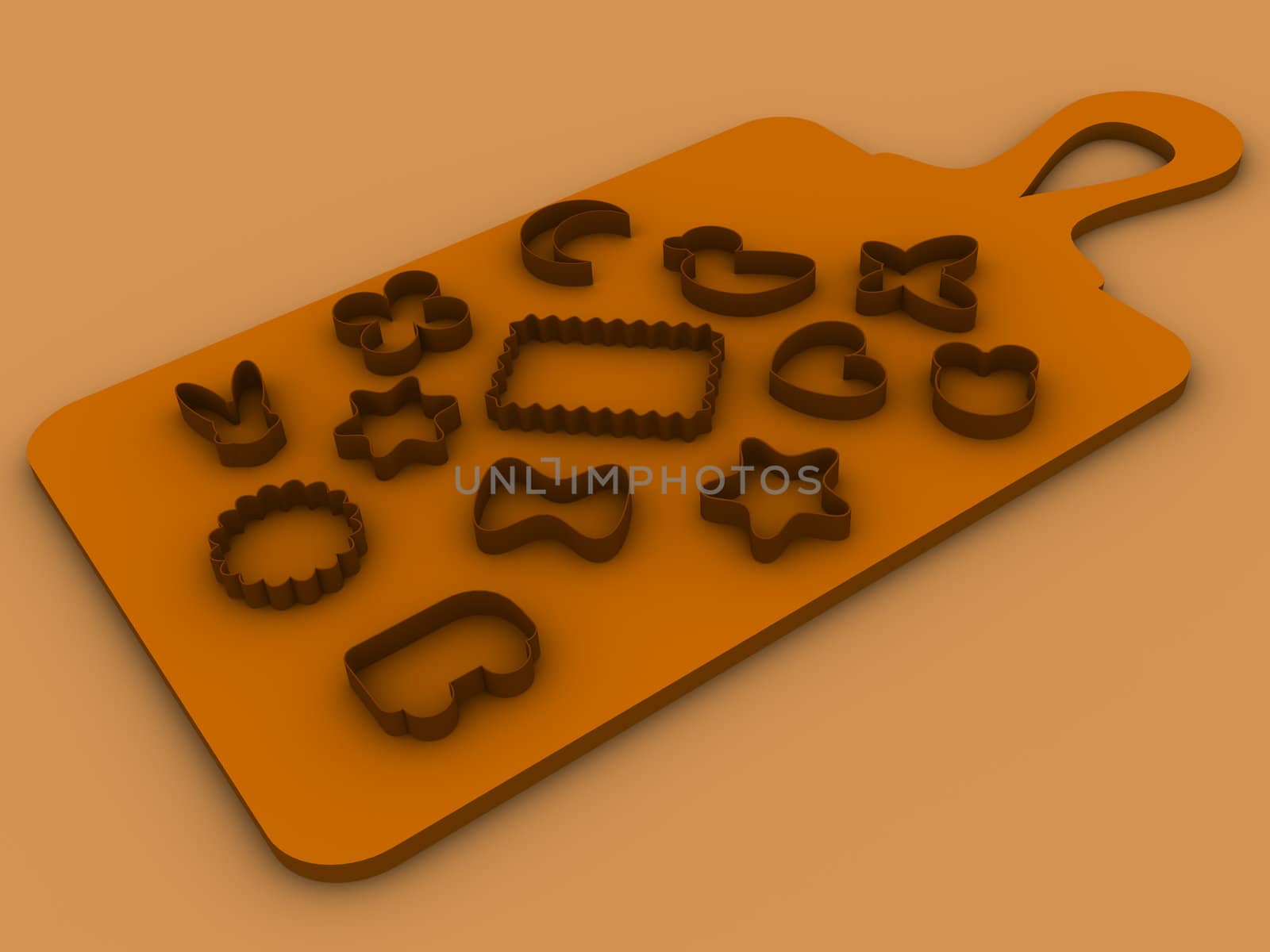 13 molds for baking cookies set on a cutting board by pt-home