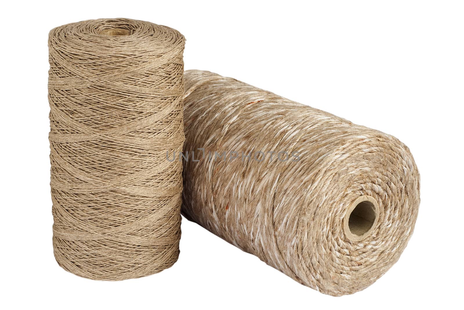 Variety of natural cord rolls isolated on white background
