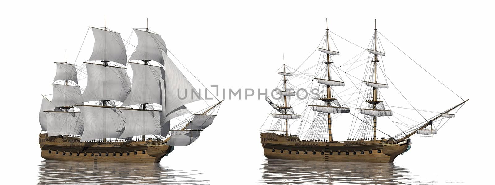 Two old merchant ship, one with extended sails and the other with furled ones, in white background