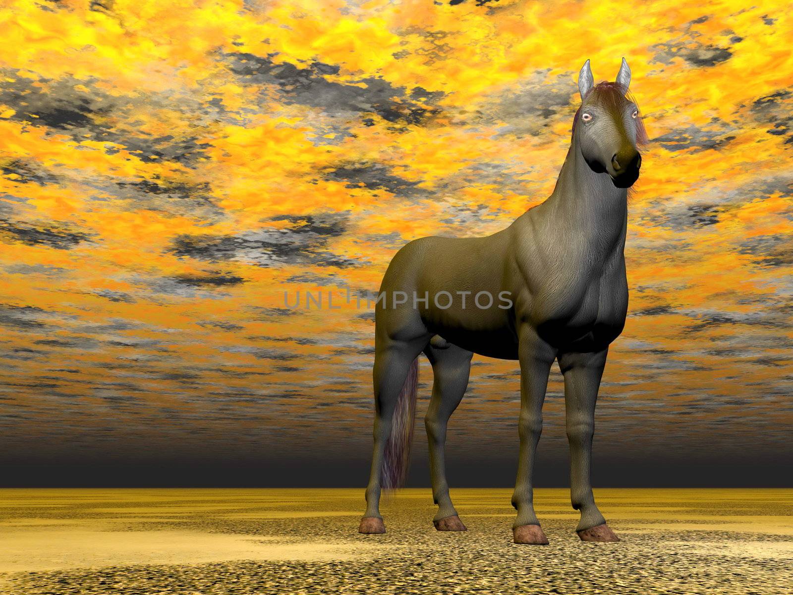 Surrealistic horse with beautiful eyes standing in colorful background