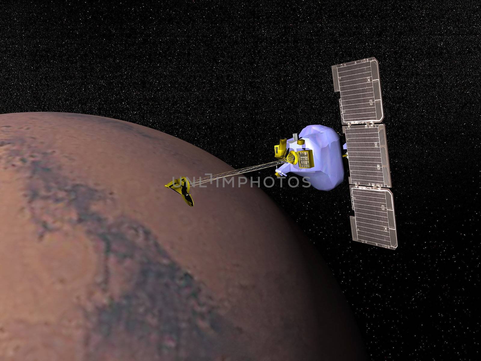 Mars odyssesy spacecraft next to Mars planet to study it in the space