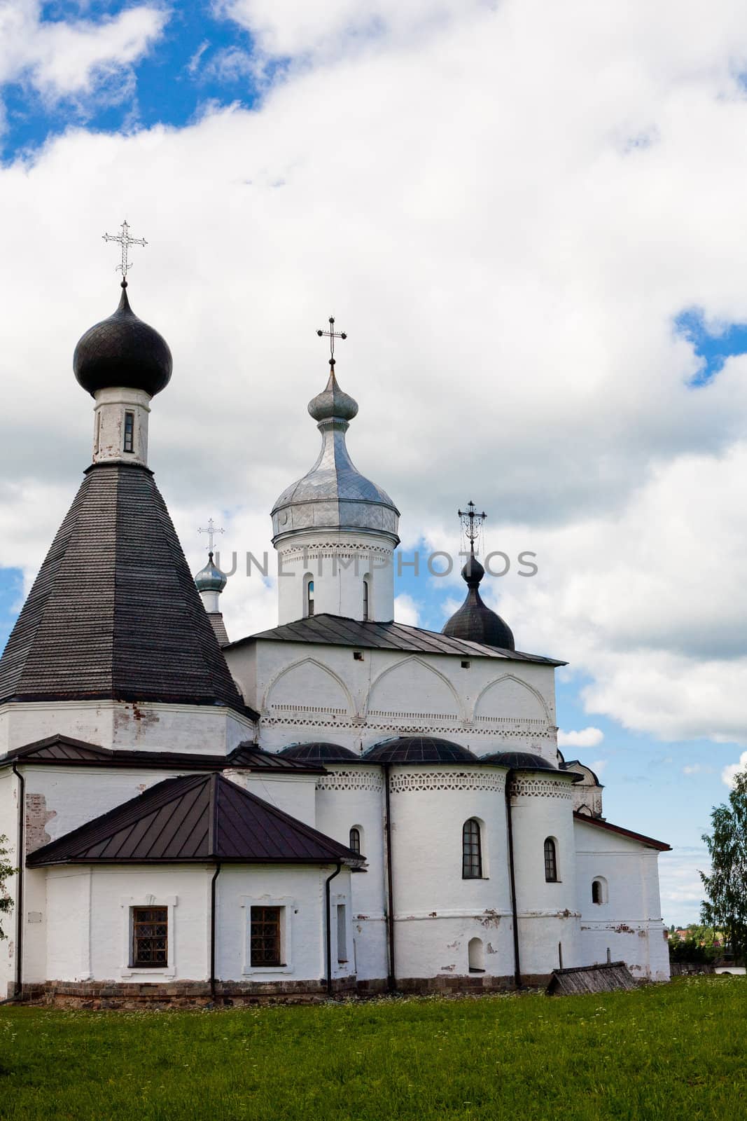 White orthodox church in Ferapontov monastery in summer day
