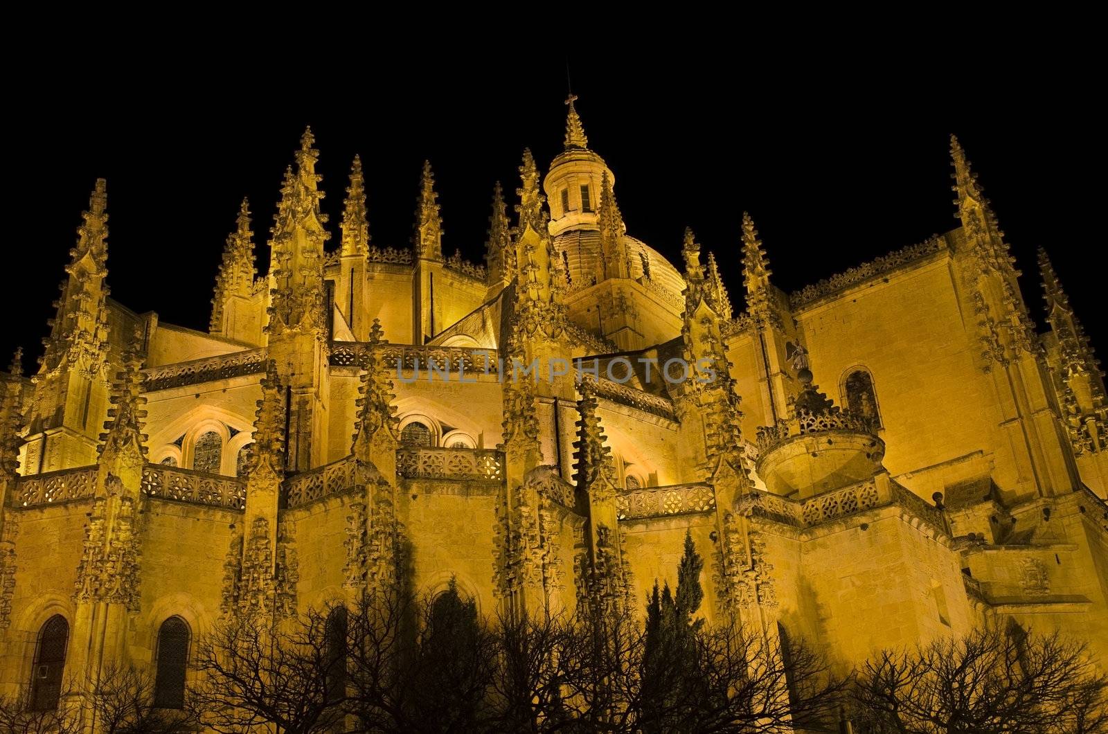 Segovia Cathedral at night. Famous Spanish Landmark