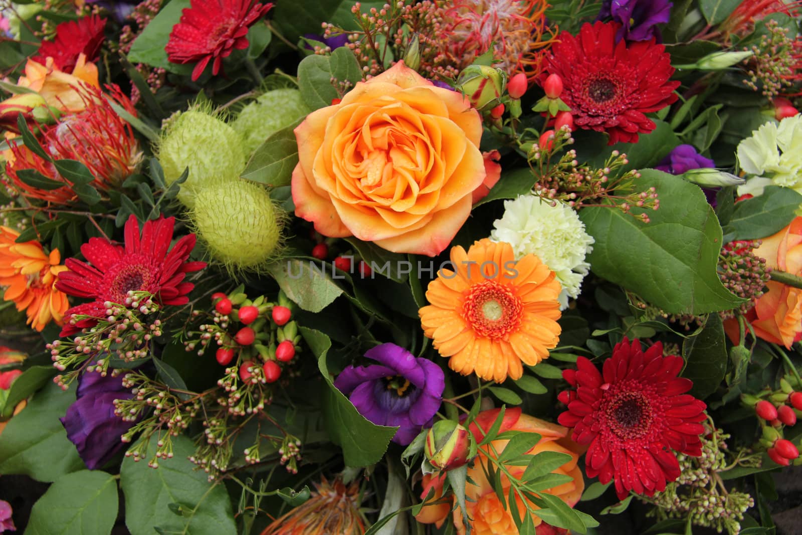 Roses and gerberas in various colors in a mixed floral arrangement