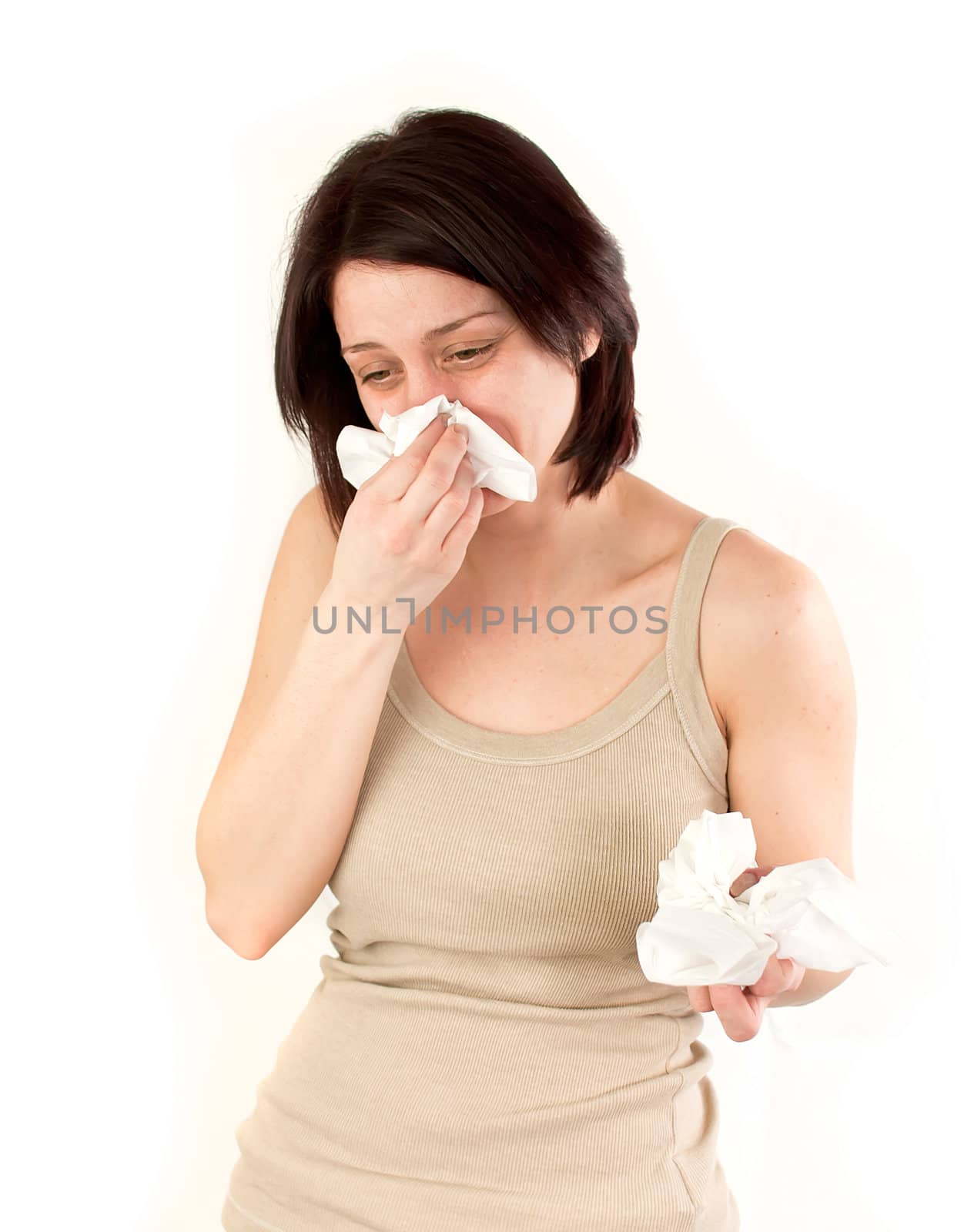 sneezing woman holding tissues, allergy or cold flu concept