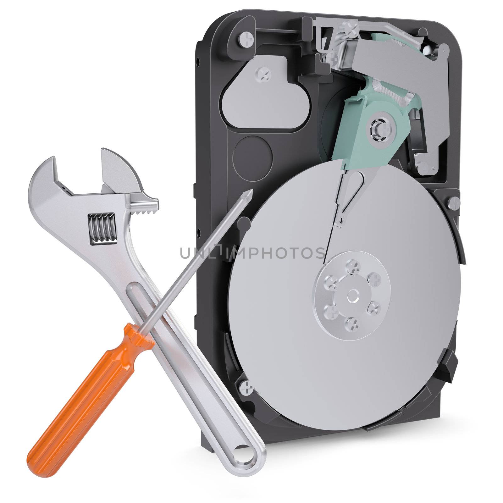 Screwdriver and wrench on the background of the disclosed hard drive. Isolated render on a white background