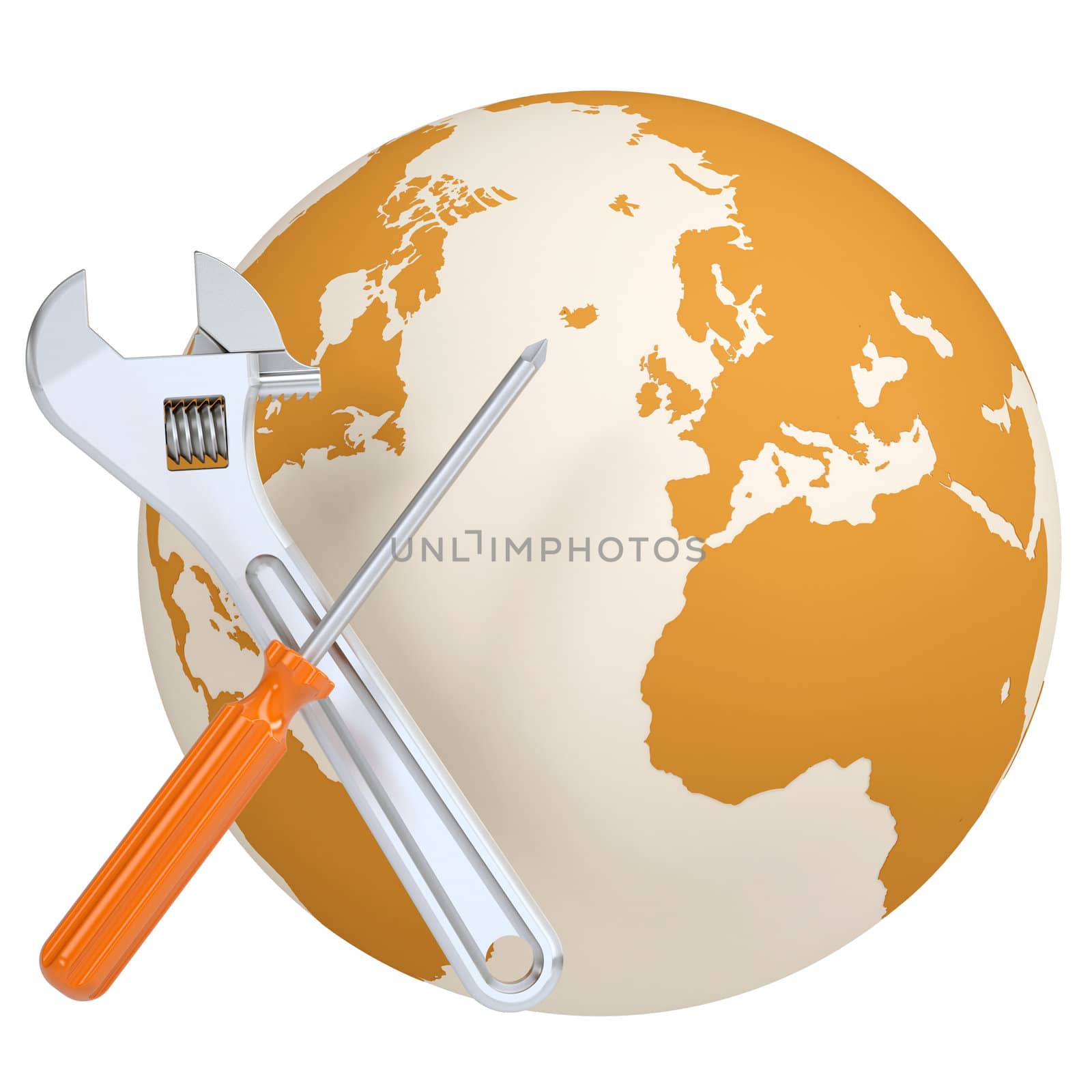 Screwdriver and wrench on the background of the planet earth. Isolated render on a white background