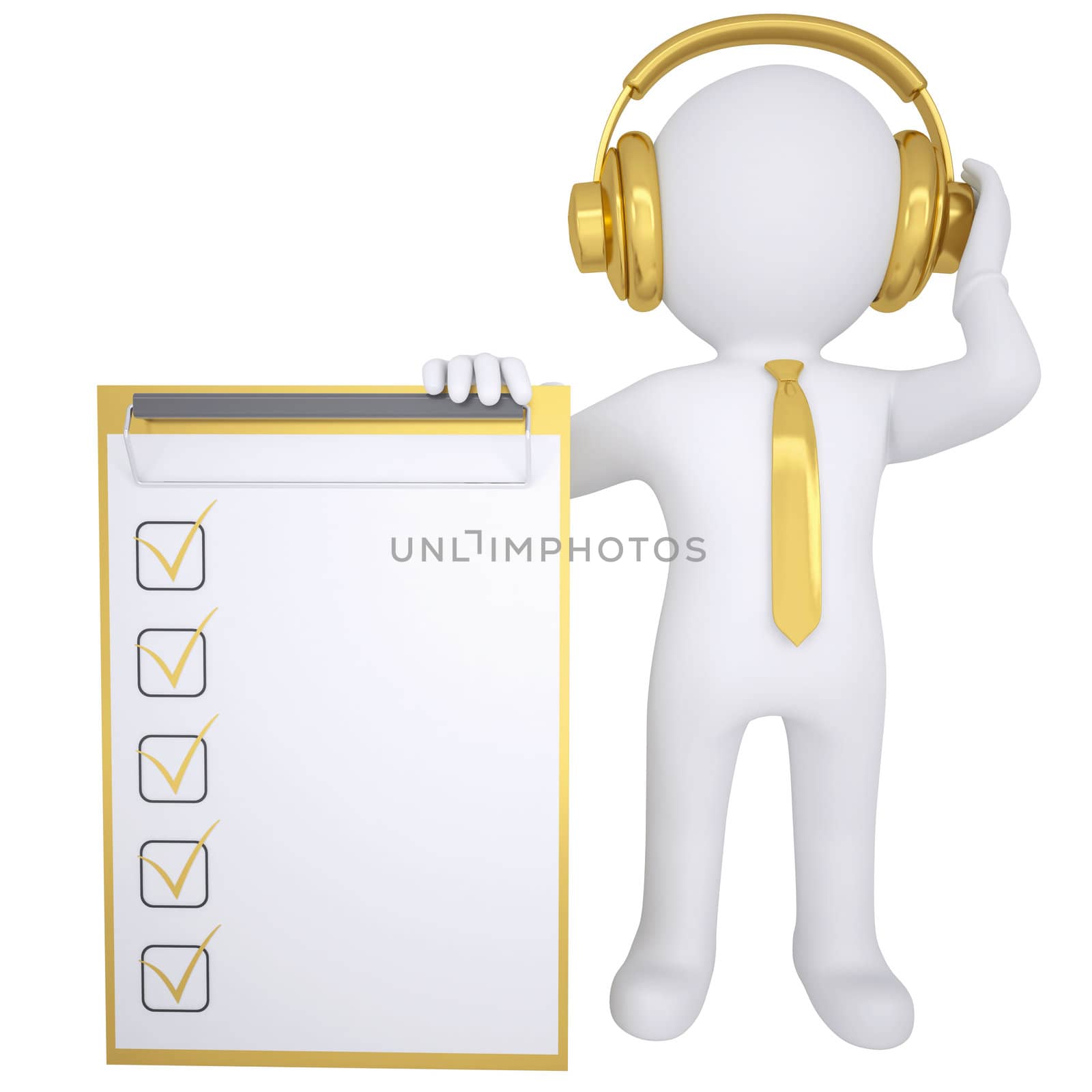 3d white man in gold headphones keeps checklist. Isolated render on a white background