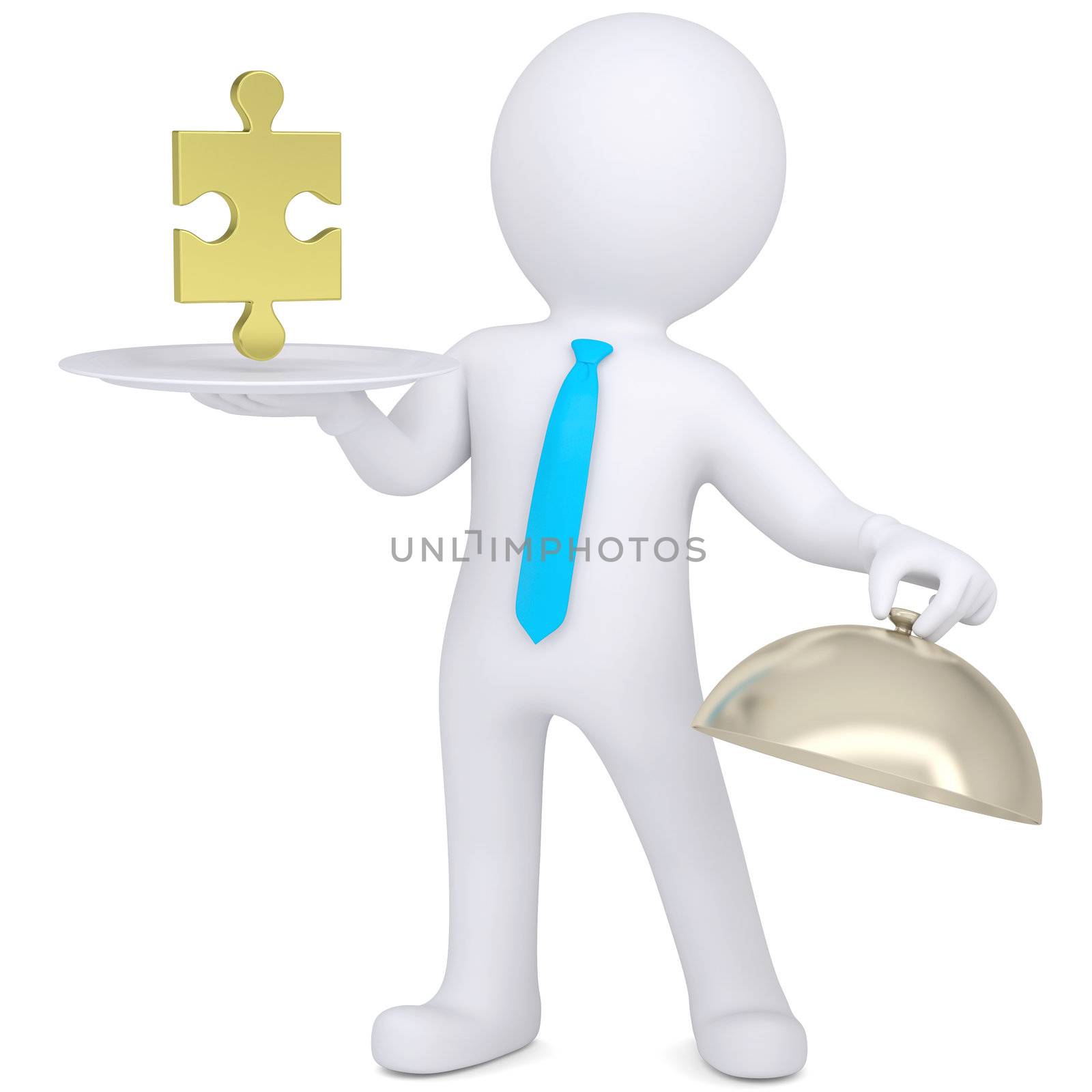 3d man holding a white plate with a gold puzzle. Isolated render on a white background