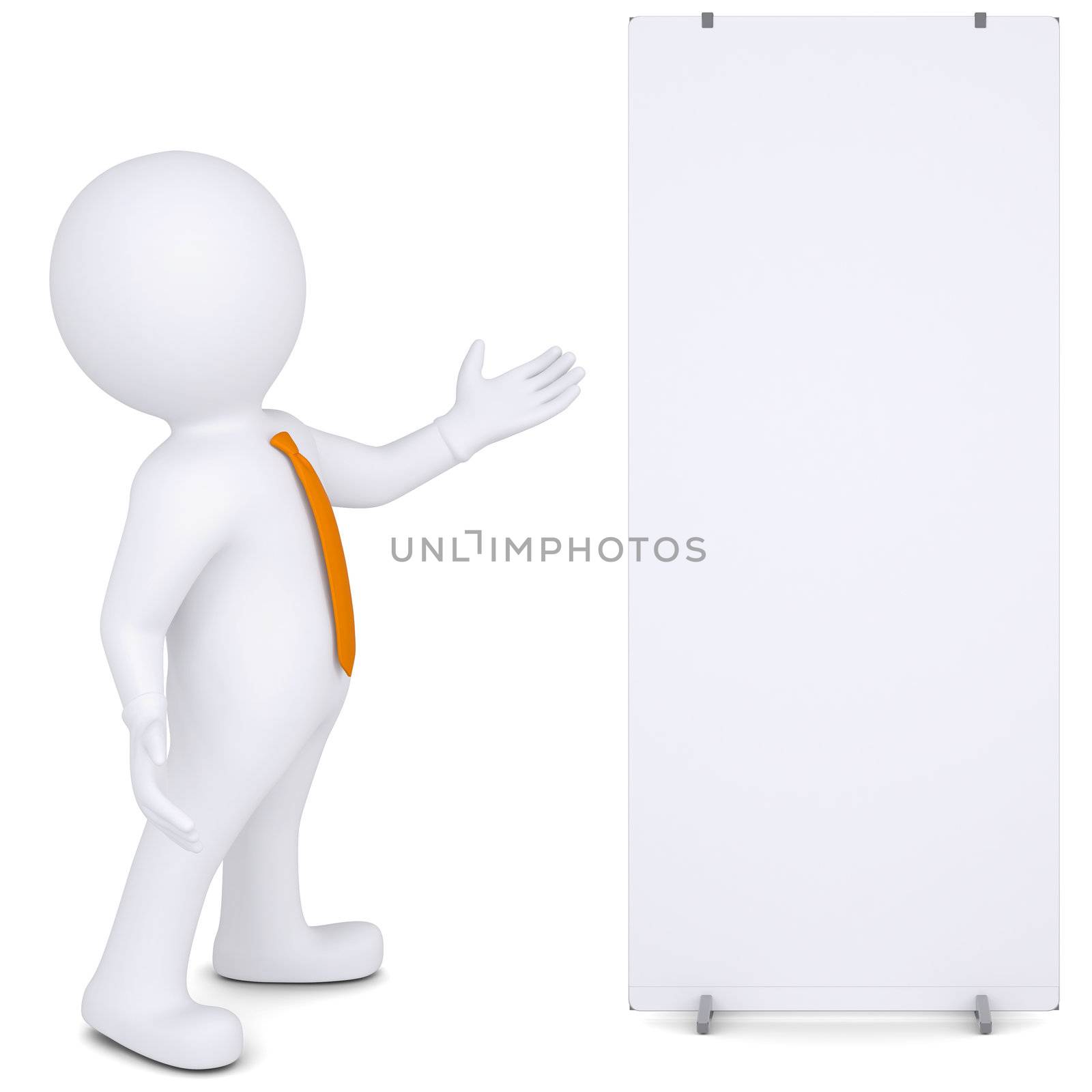 3d white man shows up on white poster. Isolated render on a white background