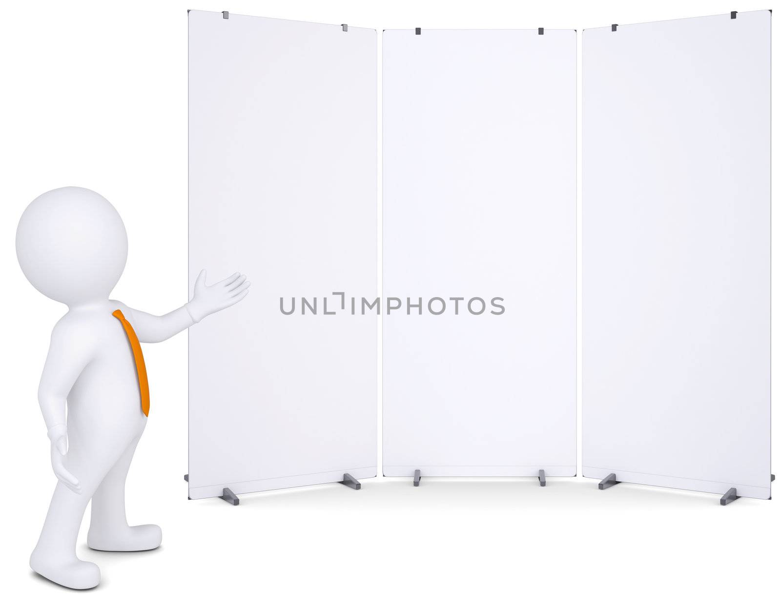 3d white man shows up on white poster. Isolated render on a white background