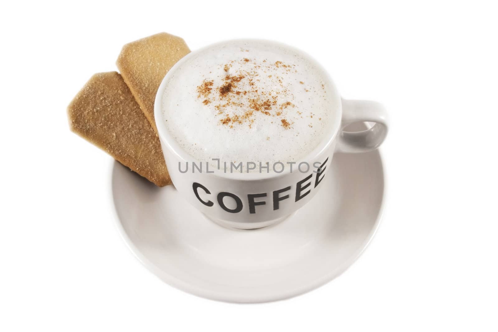 Coffee cup with biscuits over white isolated background