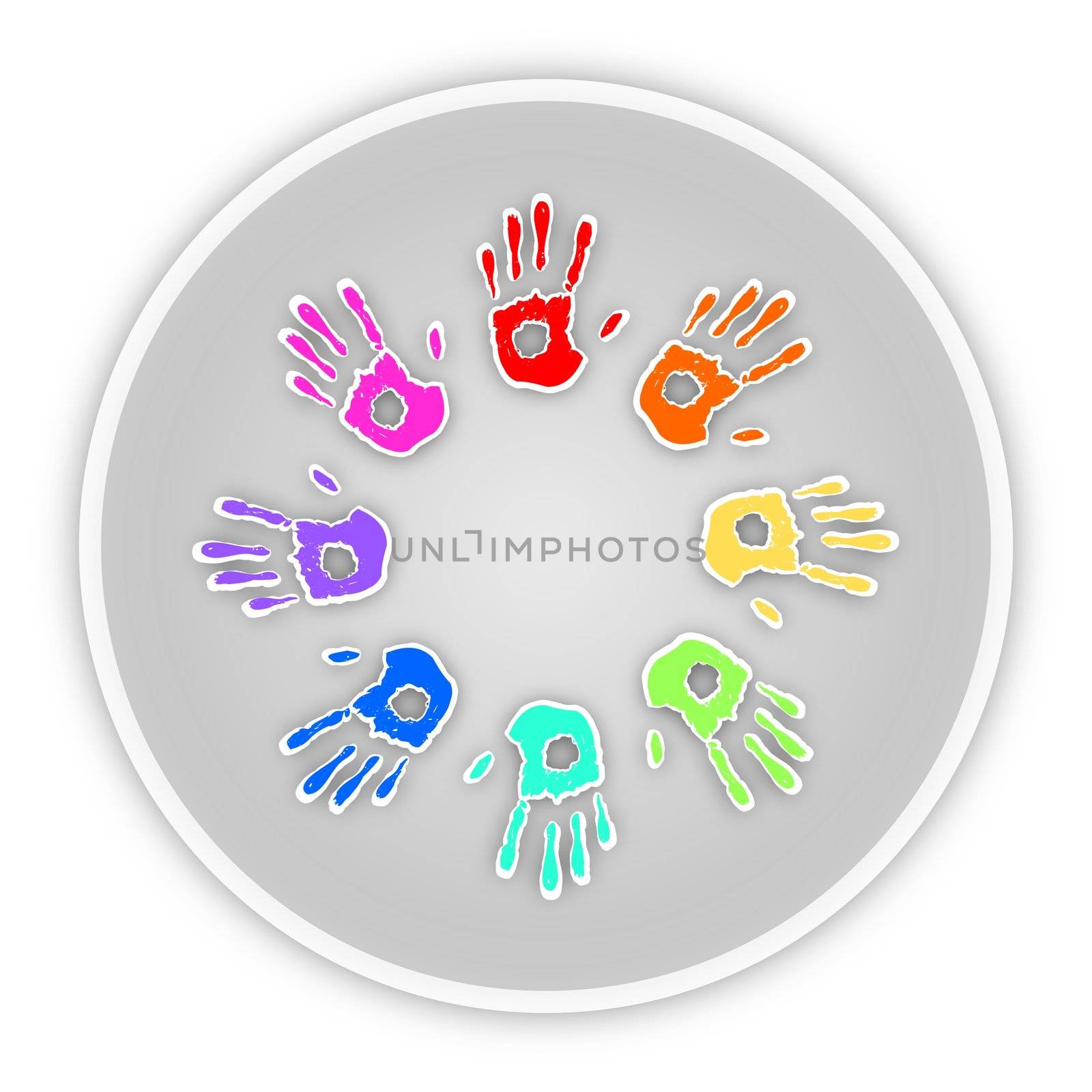 Illustration of eight colourful hand prints on a circular background