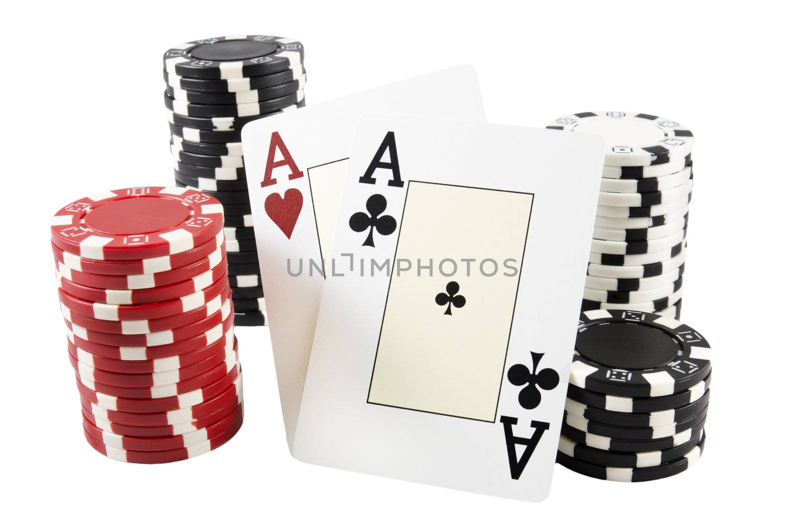 Stack of poker chips and two aces over white isolated background by HERRAEZ