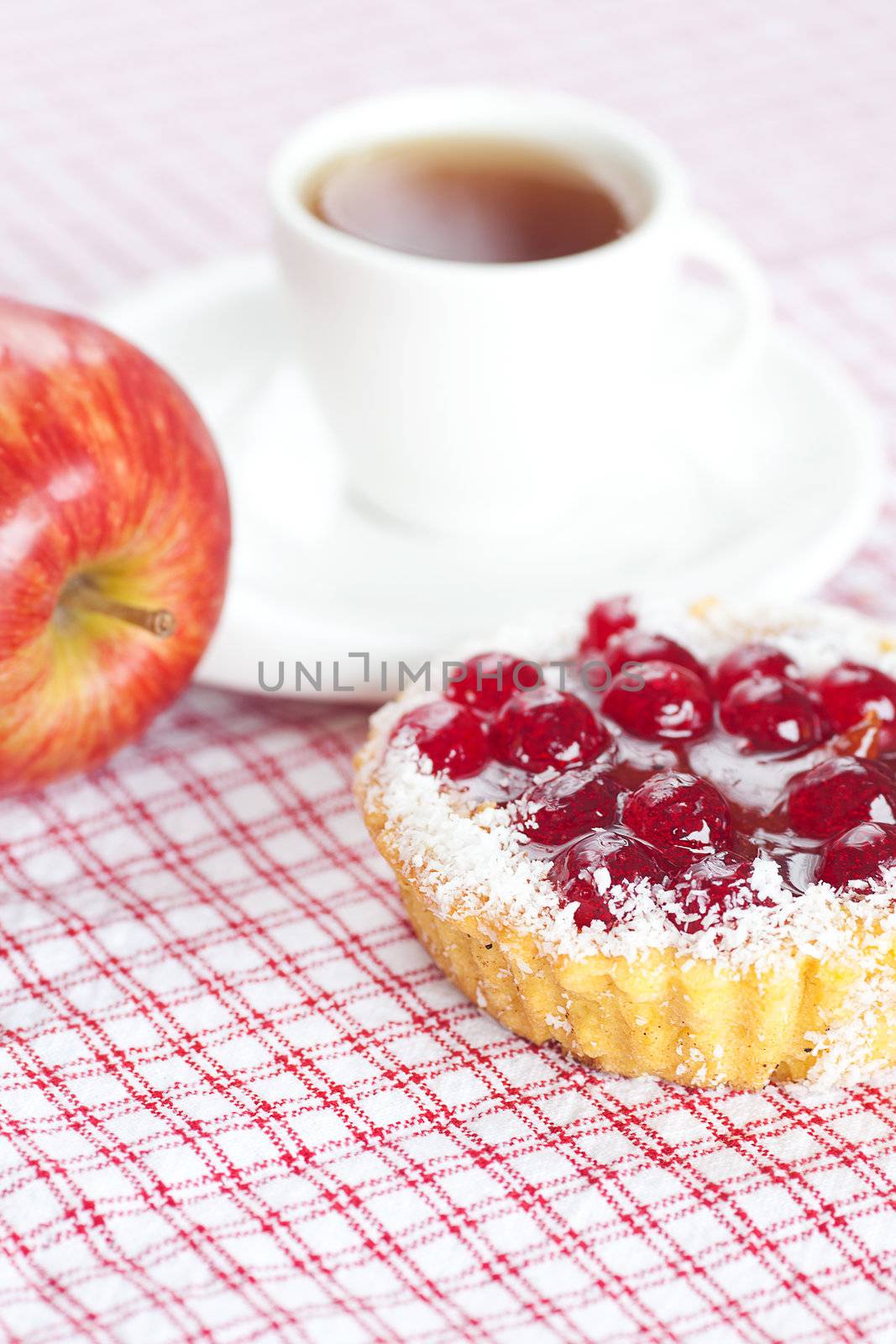 beautiful cake with berries,apple and tea on plaid fabric by jannyjus