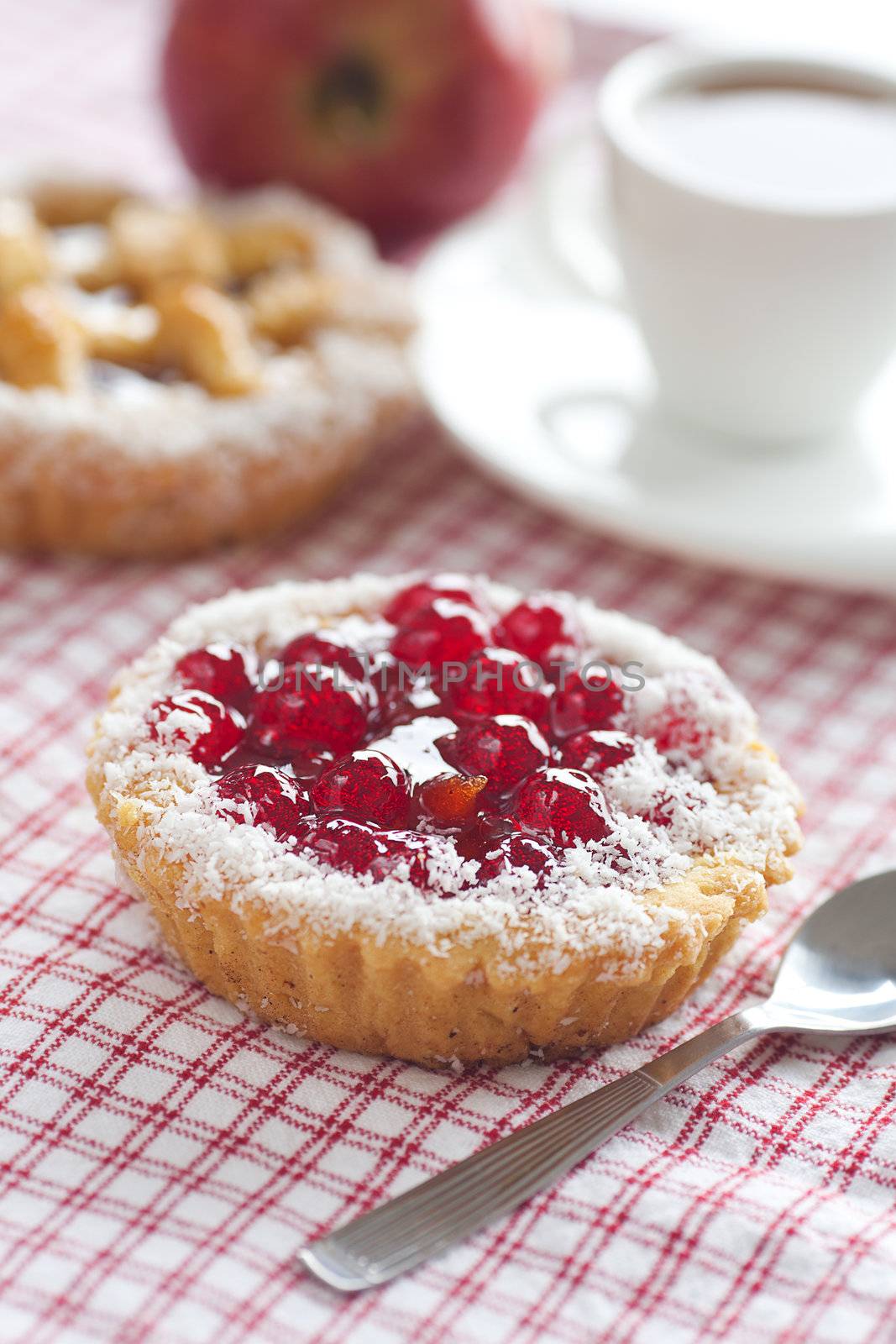 beautiful cake with berries,apple and tea on plaid fabric by jannyjus