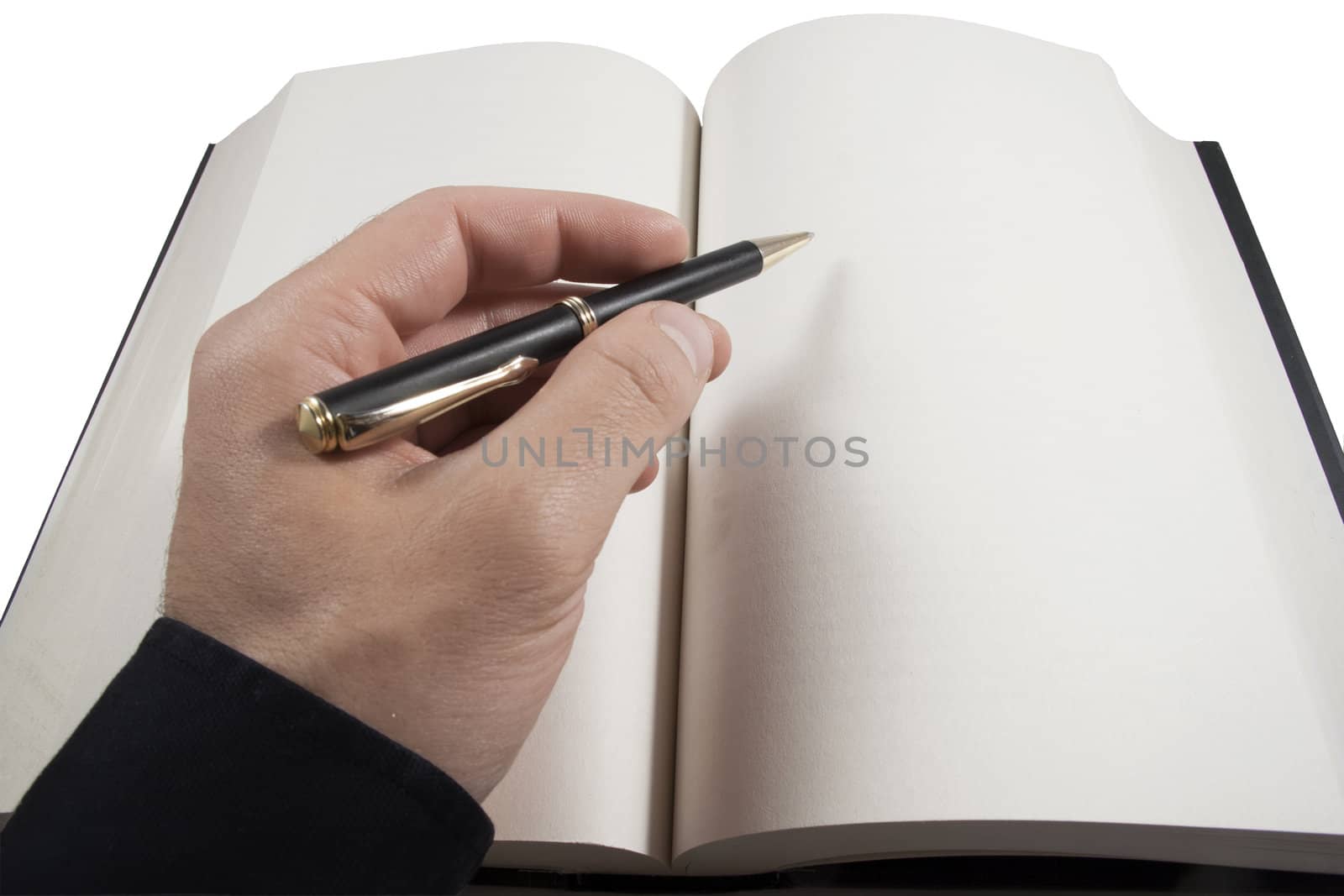 Hand writing in blank open book with ball pen by HERRAEZ