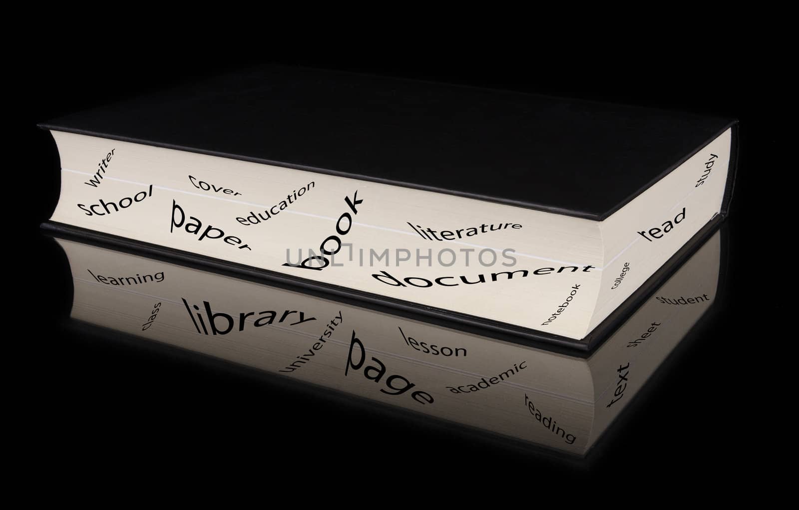 Book with reflection and words related  with study concept over black isolated background by HERRAEZ