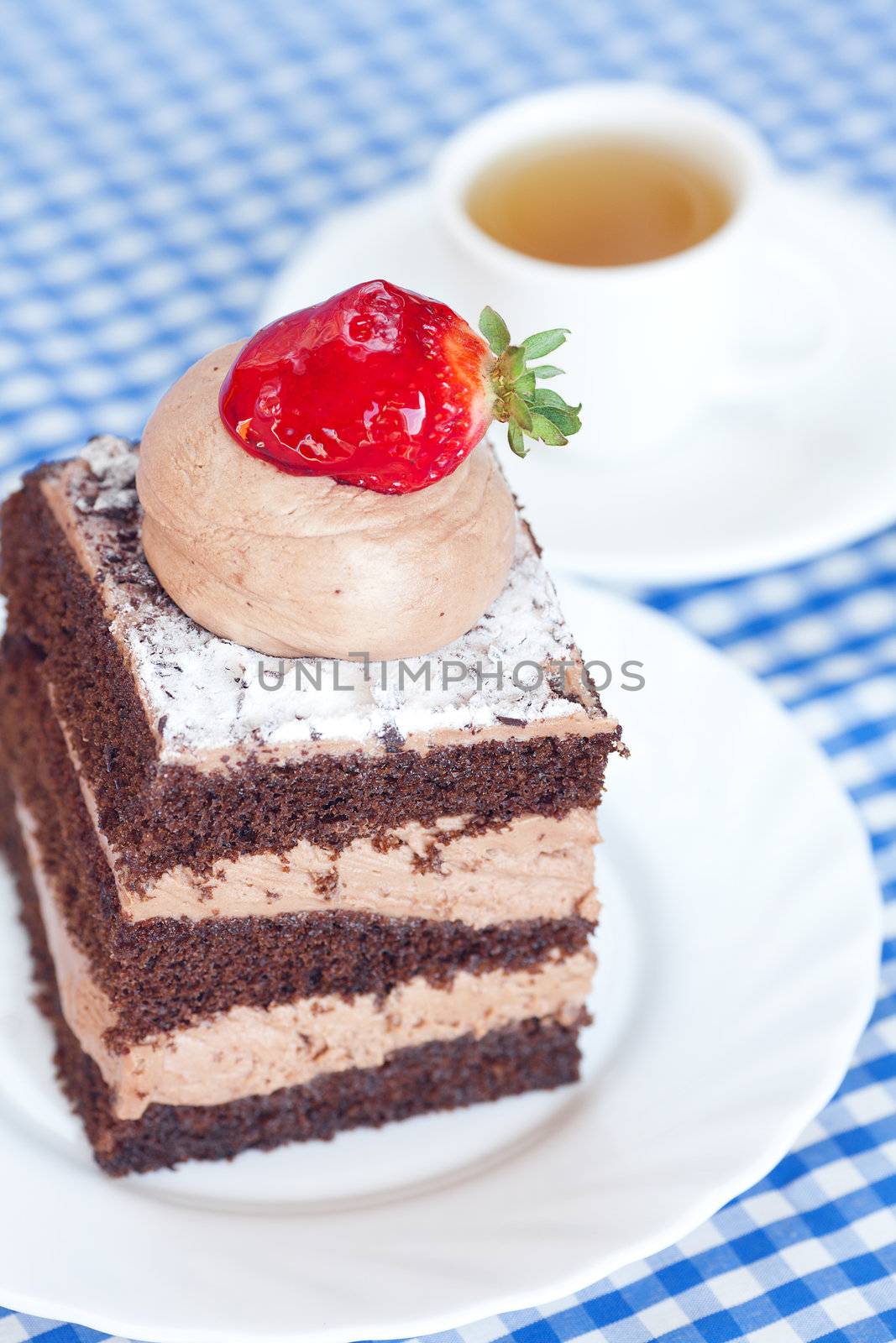 beautiful cake with strawberry and tea on plaid fabric