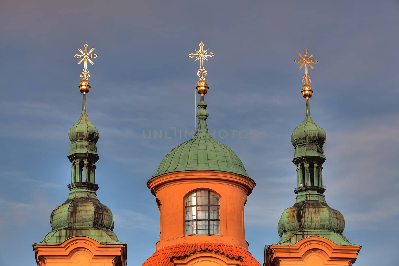 Detail on the church towers in Petrin in Prague in Czech Republic