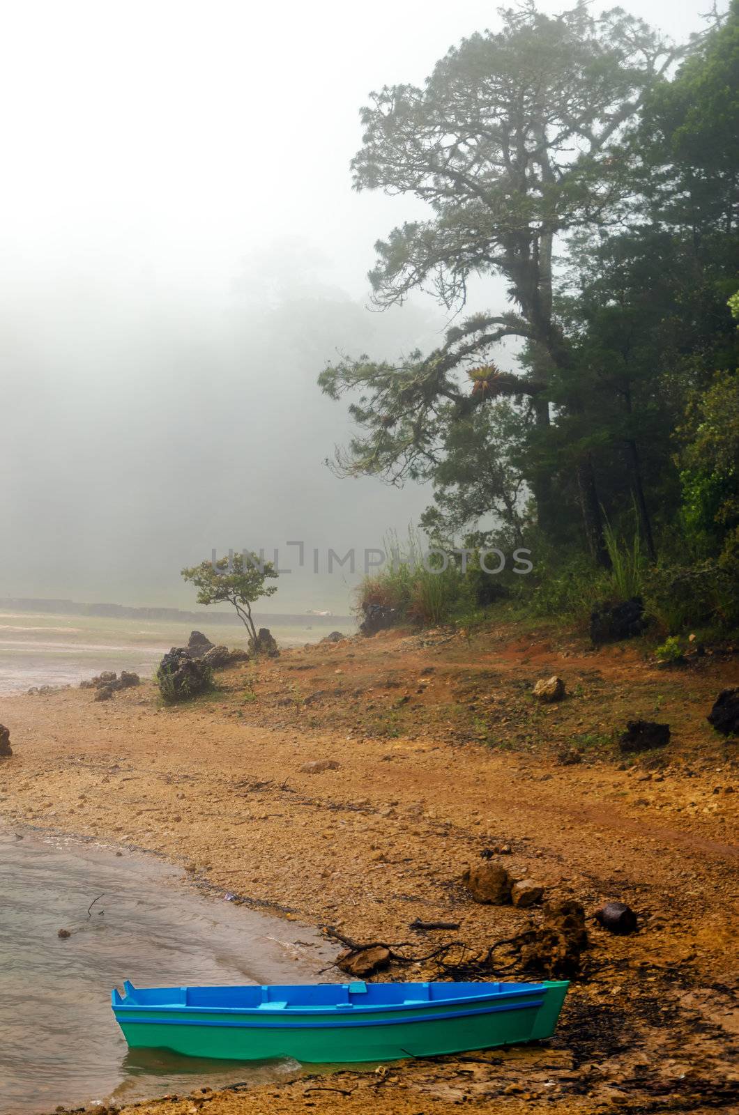 A blue boat on the shore of a foggy lake