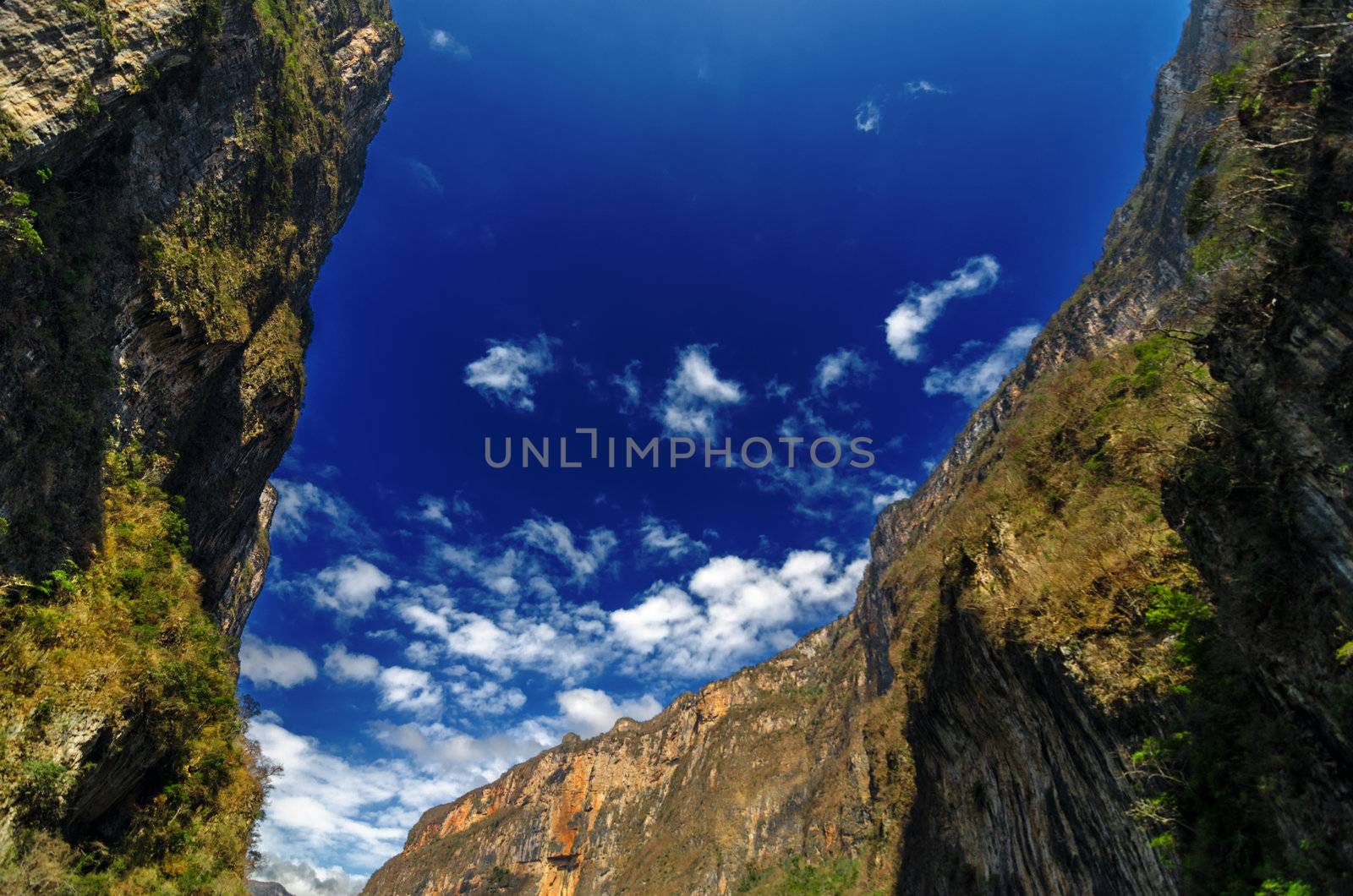 Blue sky and steep walls of Sumidero Canyon in Chiapas, Mexico