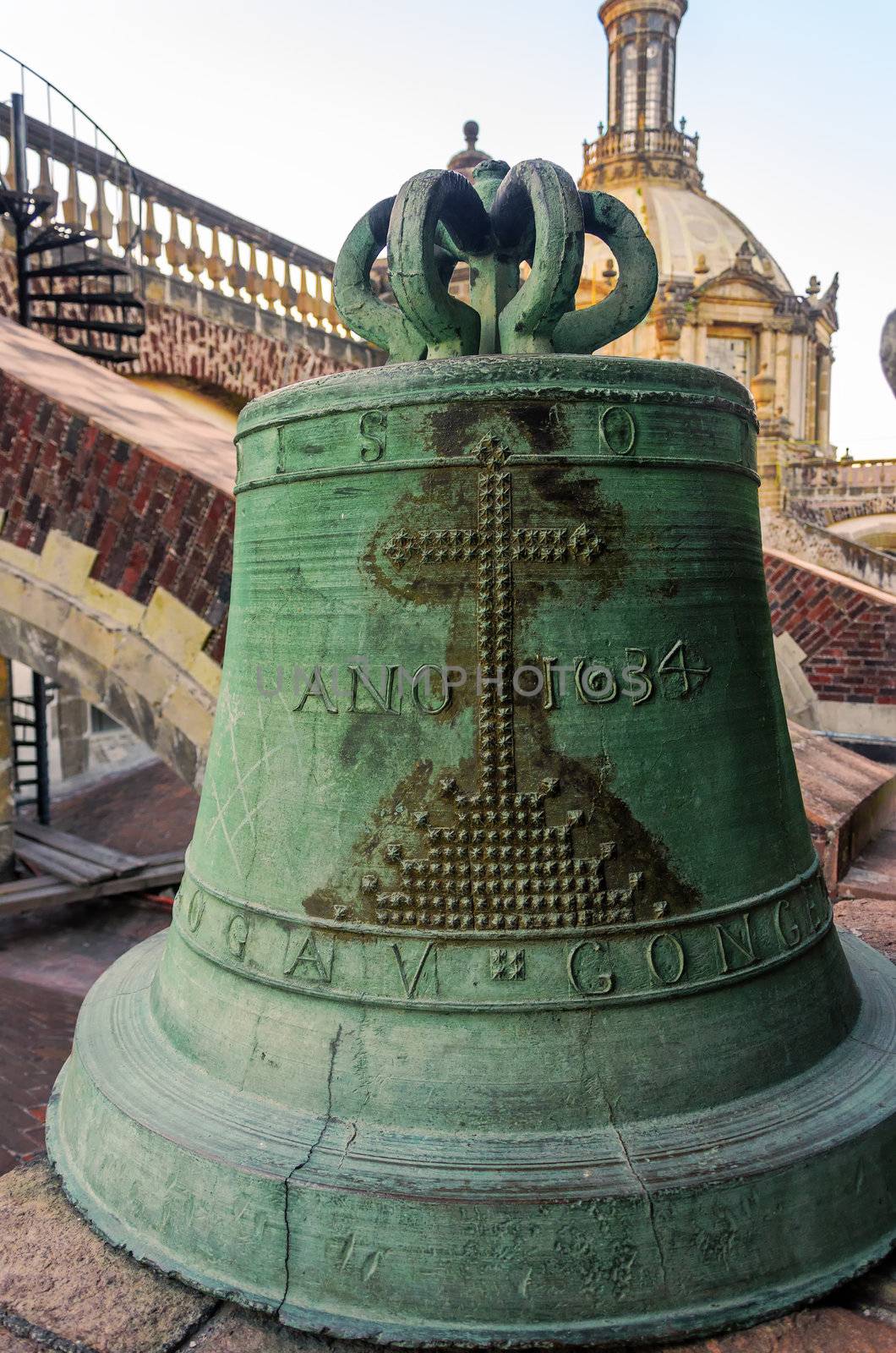 Old bronze bell on the roof of the cathedral in Mexico City