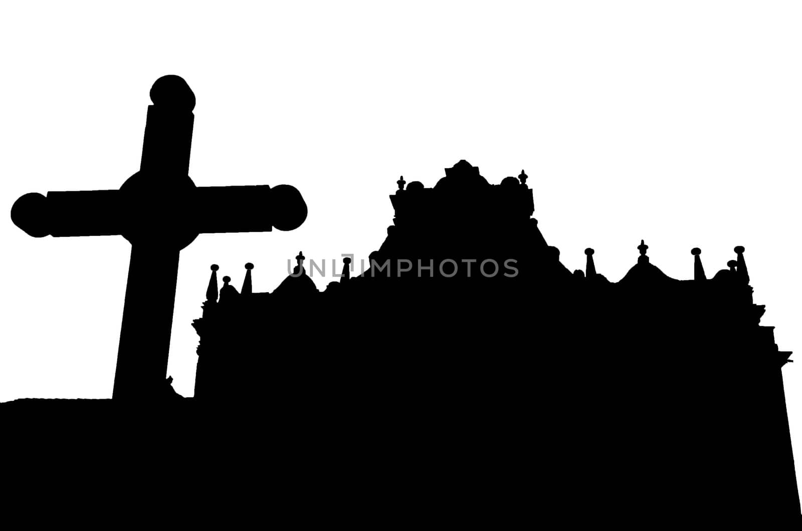 A black and white silhouette of a beautiful cathedral and cross
