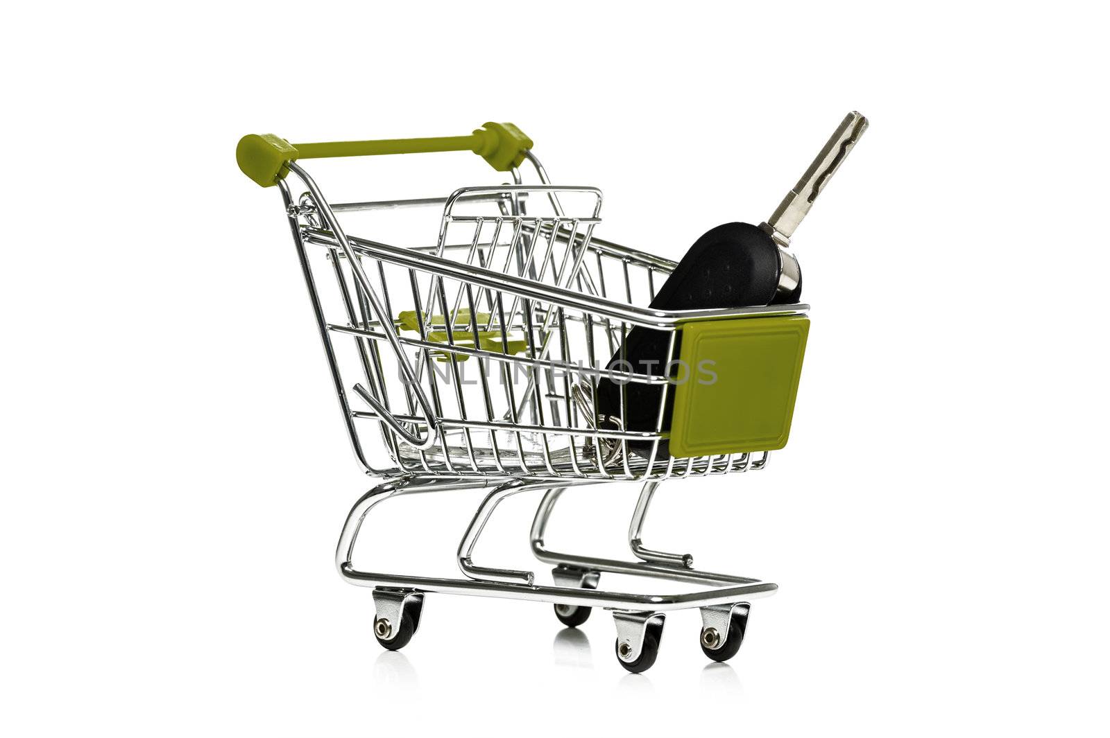 Car key in a metal shopping trolley on a white background conceptual of commerce, retail sales, ownership and an online shopping cart