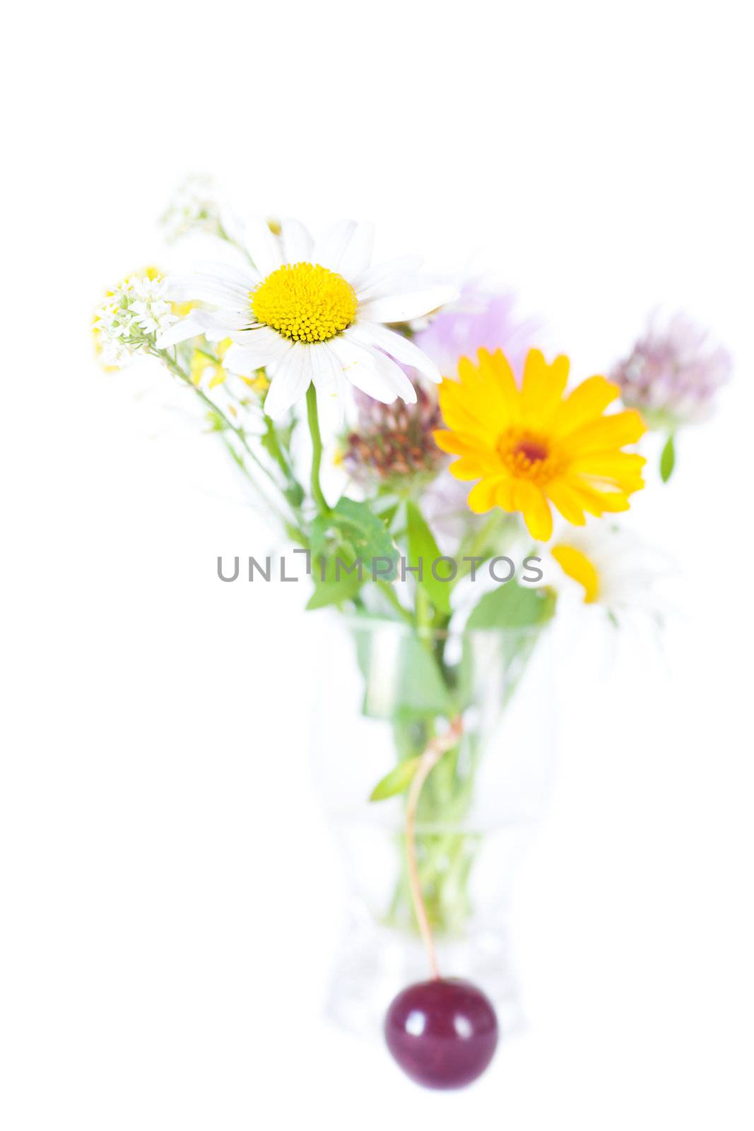 bouquet of wild flowers and cherry with green leaf