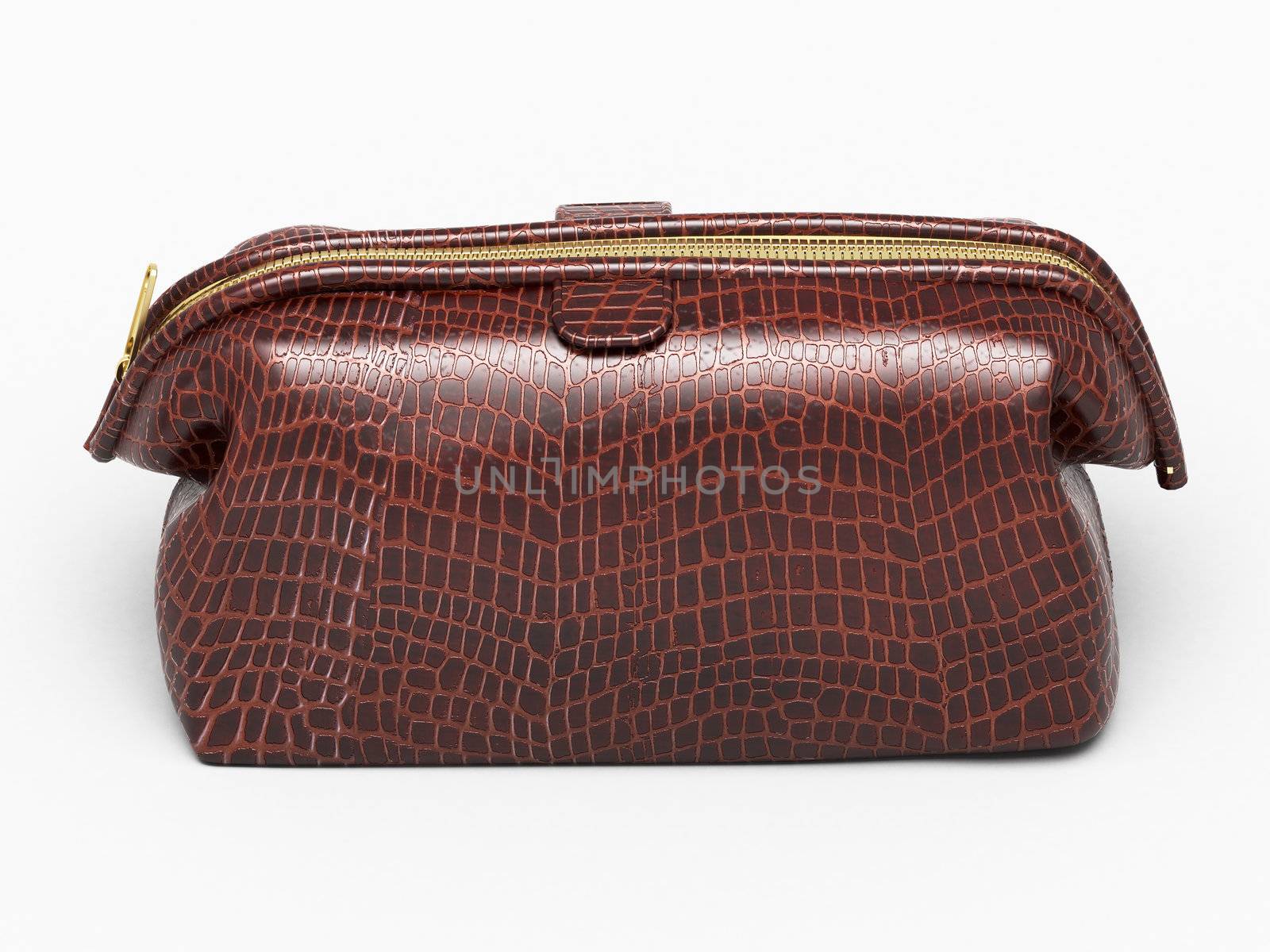 Leather clutch isolated closeup on a light background