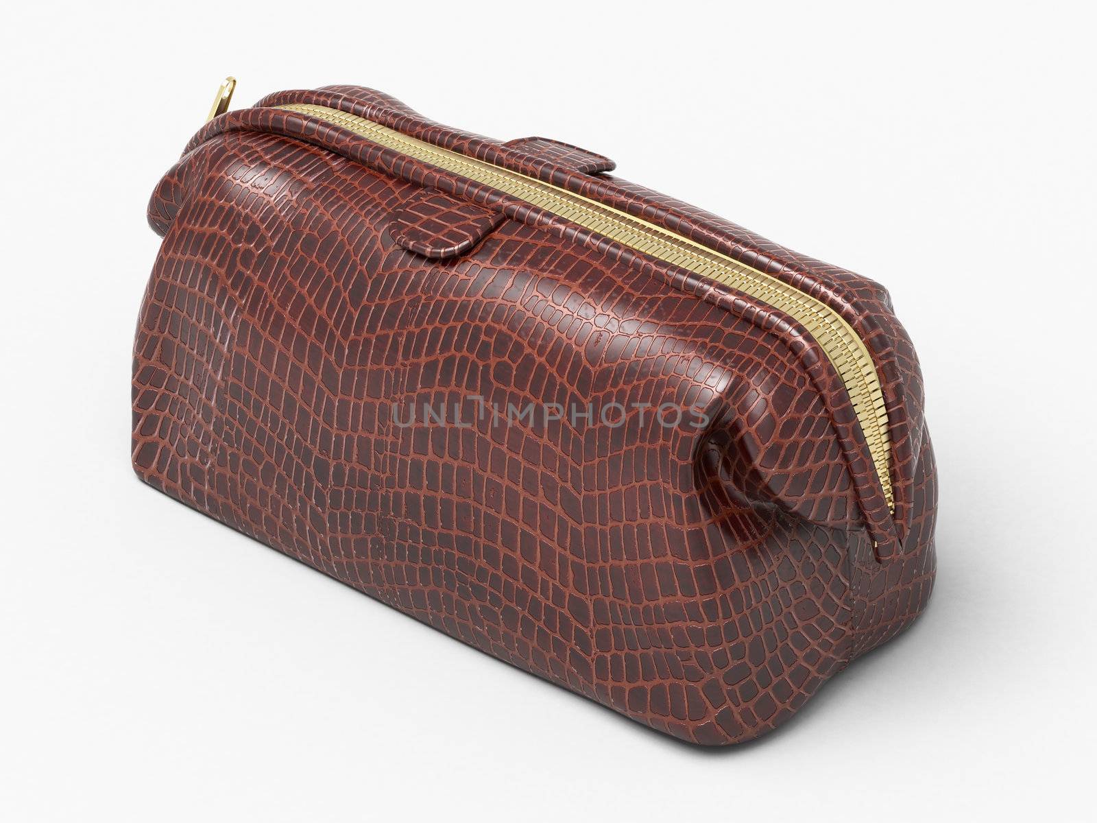 Leather clutch isolated closeup on a light background