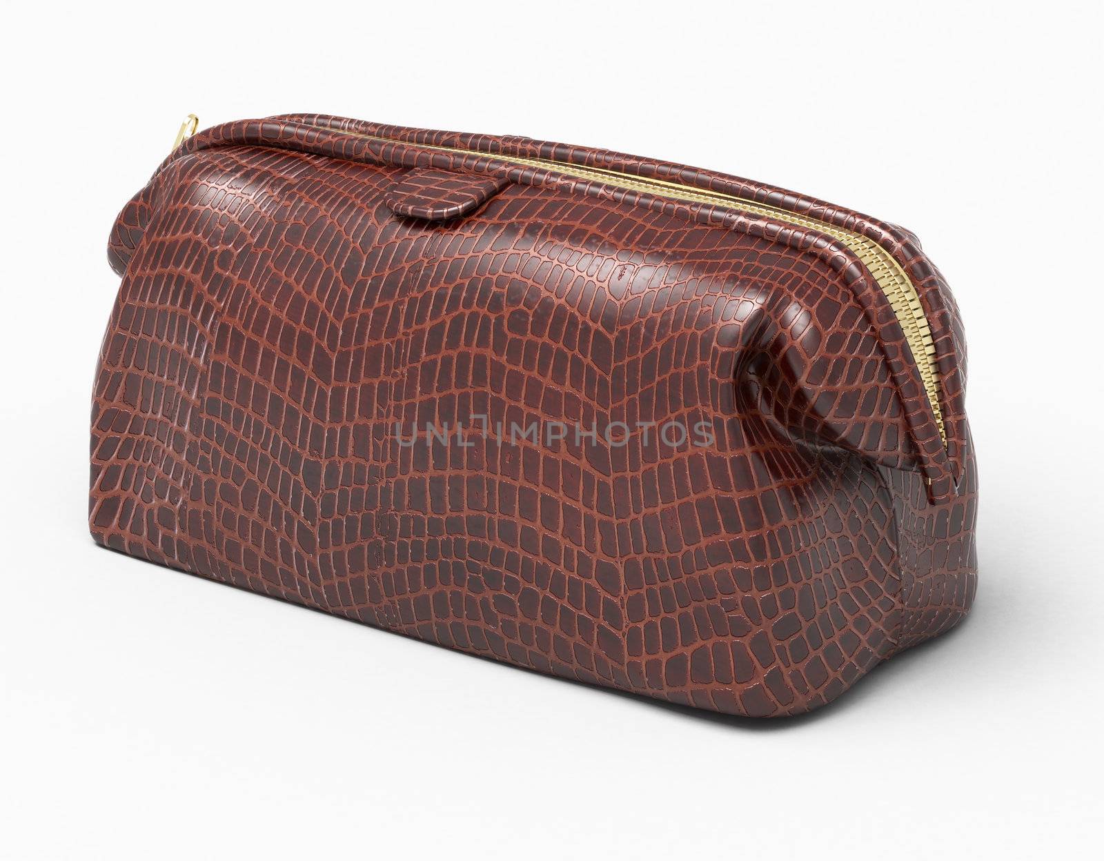 Leather clutch isolated closeup on a light background