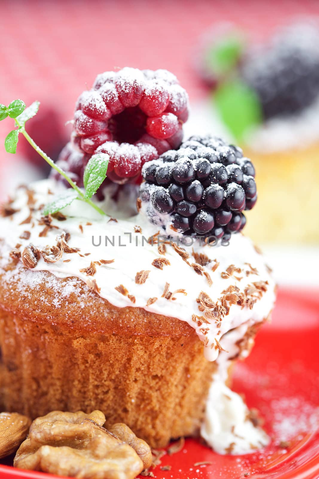 muffin with whipped cream, cake with icing, raspberry, blackberry and mint on a plate on plaid fabric